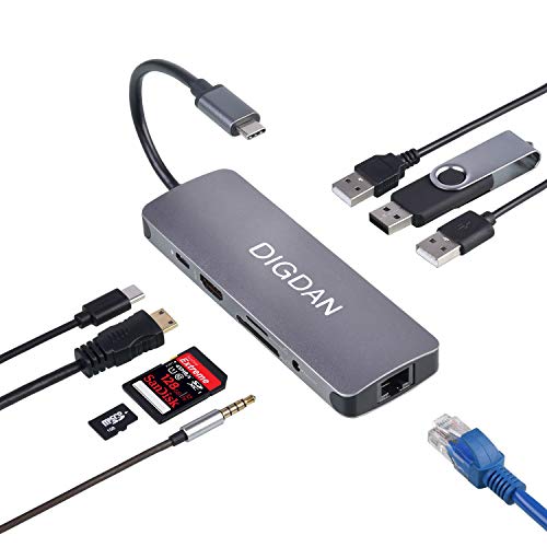 DIGDAN Hub USB C, Adaptador 9 en 1 Tipo C 4K HDMI con 3 Puertos USB 3.0, Puerto Tipo C, RJ45 Gigabit Ethernet, Lector Tarjetas TF/SD, Conector de Audio 3.5 mm para Macbook Pro/Air, Huawei (Gris)