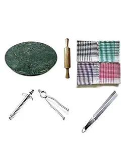 Mamta Creations Green Chakla | Rolling Pin Board, 9 Inch Wooden Belan, Chimta, Sandasi, Gas Lighter and 12 Roti Kapda - Pack of 6