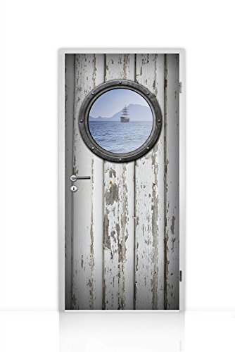 Türtapete selbstklebend einteilig (Bullauge alte Tür weiß Schiff auf See) 93x205cm - 2