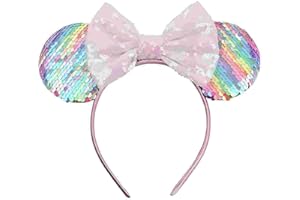 EGSHUFU Mouse Ears Headband, Mouse Ears Gift for Women Girls, Sequin Bow Headband Role Play Accessories Party Decorations(Rainbow)