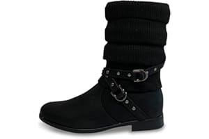 Pogolino Damen Stiefeletten Strick flach Stiefel gefüttert Boots