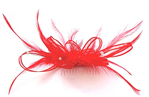 Red Ribbon & Feathers Crystals Hair Fascinator Comb