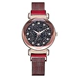 Eucoo Damen Quarzuhr Sternennetz Mit Diamant-Magnetschnalle Damenuhr(Rot)
