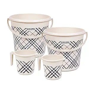 Ratan Plastics Frosty Checks Print Pack of 4 Bathroom Set (16L Bucket x 2 / 1L Mug x 2) - Beige