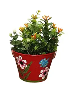 TNZ Creations, Metal Plant Pot with Hand Painted Flower, Strong and Durable and More Cost Effective. Colour Red (Item Package Quantity 1 Piece ) Plants just for Display not Including with The Pot.