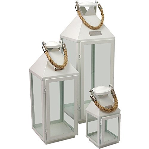 3tlg. Modernes Laternen-Set in Weiß H24/41/55cm Metalllaterne Gartenlaterne Laterne Windlicht mit Aufhängung Metallgestell mit Glasfenstern Kerzenhalter Gartenbeleuchtung Dekoration - 2