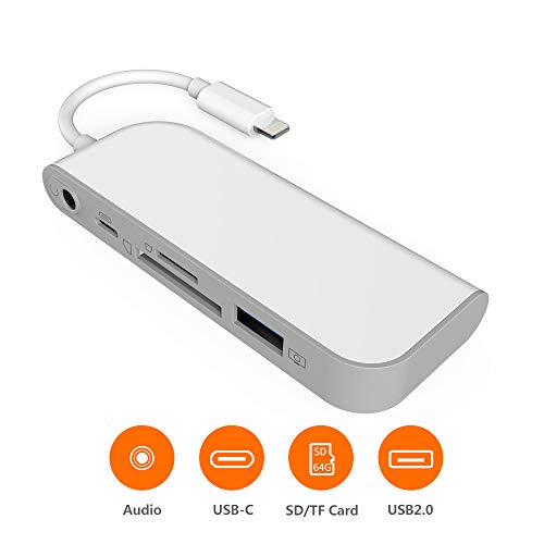 SwiftLand SD TF Lector de Tarjetas, Adaptador de USB a Phone Pad, Adaptador de Lector de Tarjetas 5 en 1 con 1 Interfaz USB 2.0 OTG, Lector de Tarjetas SD/TF, 1 Puerto PD, Conector de Audio de 3,5 mm