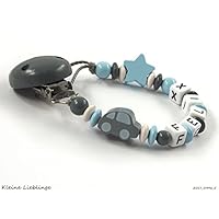 Schnullerkette mit Namen Junge Holz Auto Stern - blau grau weiß - Baby Geschenk - Taufgeschenk - Handarbeit