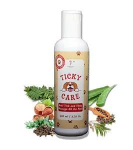 TICKY Care - Anti tick and Fleas Massage Oil for Dogs and Pets, Moisturizing, Shiny and Smooth Coat, Wound Dressing Oil with neem, Clove, Castor, Eucalyptus and Aloe Vera - 200 ml