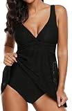 Socluer Femme Tankini Robe avec Jupette Creux Maillot de Bian 1 Pièce Lâche Push-up Elégant Amincissant Bikini Grande Taille L,V Noir