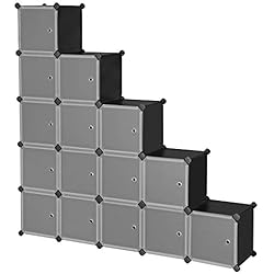 SONGMICS Meuble de Rangement Modulable, 16 Compartiments, Étagère en Plastique, avec Portes, pour Vêtements, Chaussures, Jouets, Livres, Assemblage Facile, Noir LPC44HS