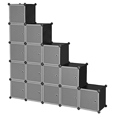 SONGMICS Meuble de Rangement Modulable, 16 Compartiments, Étagère en Plastique, avec Portes, pour Vêtements, Chaussures, Jouets, Livres, Assemblage Facile, Noir LPC44HS