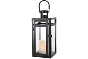 TRIROCKS Farol de vela de metal de 12 pulgadas de alto, farol colgante decorativo para exteriores con vidrio templado para decoración navideña del hogar, sala de estar, fiestas, eventos, mesa,