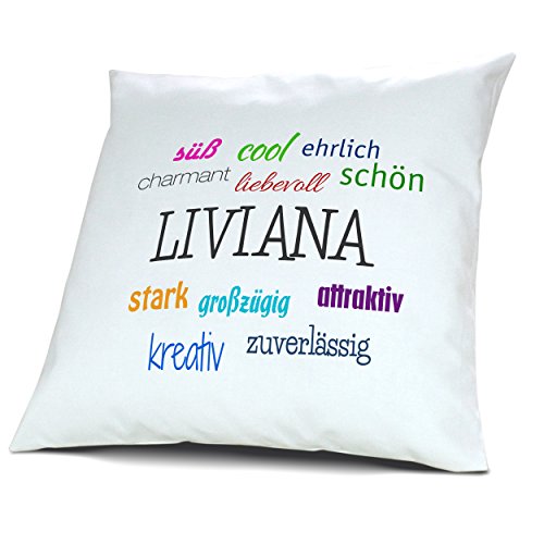 Kopfkissen mit Namen Liviana - Motiv Positive Eigenschaften, 40 cm, 100% Baumwolle, Kuschelkissen, Liebeskissen, Namenskissen, Geschenkidee, Deko