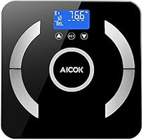 Aicok Pèse Personne Impédancemètre, Balance de Mesure de Graisse Corporelle Numérique, avec Plate-forme en Verre Trempé, 180 kg / 400 lb, Mesure du Poids, de la Graisse Corporelle, de l'eau, de la Masse Musculaire et Osseuse, Balance de Salle de Bain