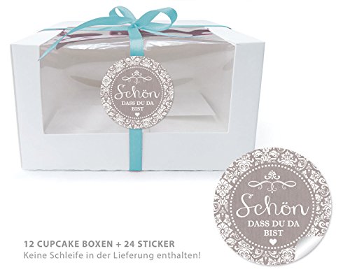 12 CUPCAKE PATISSERIE BIO BOXEN + 24 AUFKLEBER: 12 Geschenk-Boxen mit Sichtfenster (Muffin Box/ Gift Box / Schachtel / Aufbewahrungsbox) und 24 Aufkleber "SCHÖN, DASS DU DA BIST" SAND mit Ornamente im "Packpapier-Look" • Optimal für selbstgemachtes Weihnachtsgebäck, Schokolade, Hochzeitsmandeln Weihnachtsgeschenke, Gastgeschenk zur Hochzeit und für viele weitere Anlässe: Taufe, Geburtstag, Muttertag, Ostern • Flach liegend geliefert, faltbar • Format: Länge 13cm x Breite 11cm x Höhe 8cm