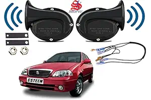 SHOP4U Square Shape Car Windtone Horn with Wire for Maruti Suzuki Esteem (Set of 2 Horn with Wire, Black)