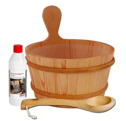 SAUNA SET HOLZKÜBEL 4L, SCHÖPFKELLEN 36 CM, EUKALYPTUS DÜFTE 500 ML