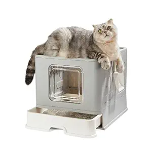 Suhaco Top Entry Cat Litter Box Large Foldable Front Enter Top Exit Litter Boxs with Lid for Indoor Cats Closed Kitty Litter Box with Drawer, Cat Potty Litter Pan with Litter Scoop & Low Tracking-Gray