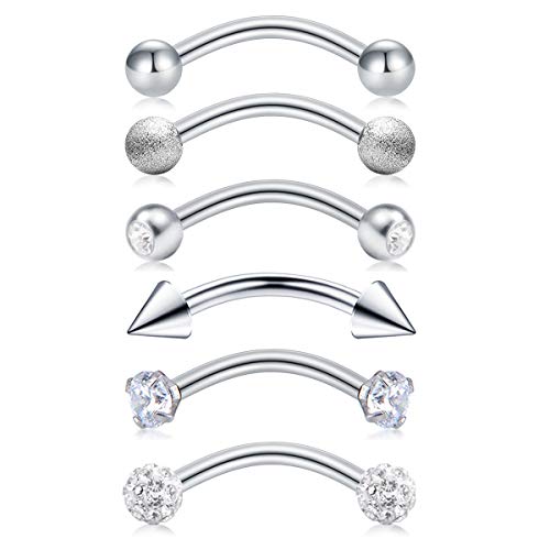 JFORYOU 16G Boucle & CZ Piercing Bananes Levre Sourcil Nombril Anneaux Piercing Helix Tragus Rook Oreille Arcade Curved Barbell 8mm Acier Chirurgical 316L - 6 Pièces