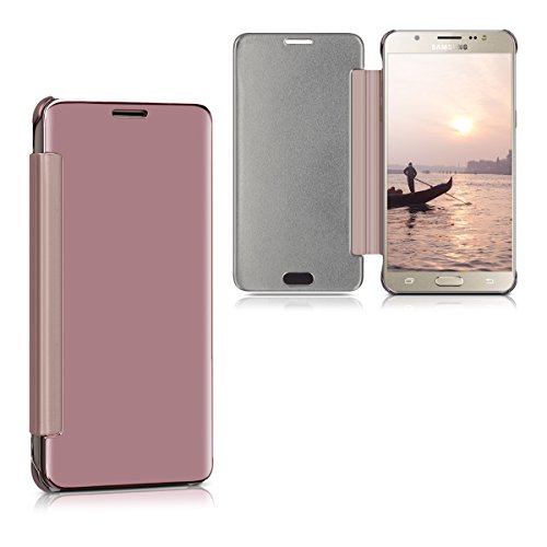 kwmobile Funda para Samsung Galaxy J5  2016  DUOS Case Espejo Estilo Libro - Carcasa con   ptica de Aluminio - Cover Plegable en Oro Rosa Reflectante