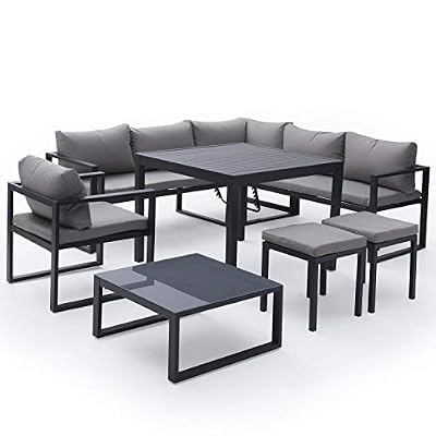 Happy Garden Salon de Jardin modulable Ibiza en Tissu Gris 7 Places - Aluminium Anthracite