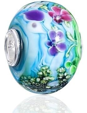 MATERIA Original 925 Silber Murano Beads Blumen Sommer Element türkis / blau aus edlem Muranoglas 12x15mm #1433