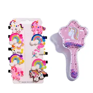 Taufa Villa Unicorn Star Comb & Unicorn Clips (10 pcs) combo Cute & Latest Unicorn Imported Novelty Glittery Star Brush Detangler Paddle Cushion Antistatic Hair Loss Massage Hairbrush 3D Unicorn Kids Hair Brush/Hair Comb