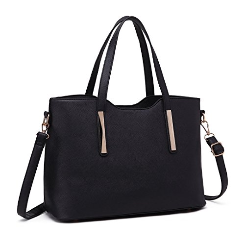 Miss Lulu Fashion Ladies Pu Saffiano Leather Top Handle Bags 2 Pieces Tote Shoulder Handbags for Women (1719 Black)