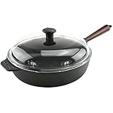 Carl Victor 28 cm Pre-Seasoned Cast Iron Saute / Frying Pan With Wooden Handle And Glass Lid, Black