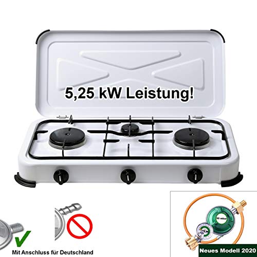 CAGO Campingkocher Gaskocher 3 flammig 50mbar Gasherd mit Gasschlauch und Gasregler mit Manometer Gas Füllstandsanzeige und Schlauchbruchsicherung 2 4