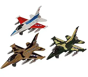 IndusBay 7.6 Inches Diecast Alloy Metal F-16 Army Fighter Plane 4th Generation Military Fighter Jet Model Toy with Light Toy for Kids - Set of 3 (Assorted Colors)