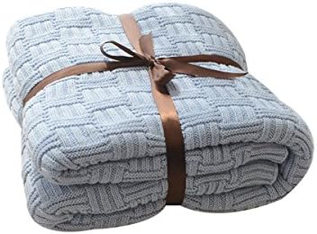 MYLUNE HOME 100% Cotton Stylish Knitted Throw Blanket for Watching TV or Nap on Chair,Sofa and Bed (180 * 200cm, blue)