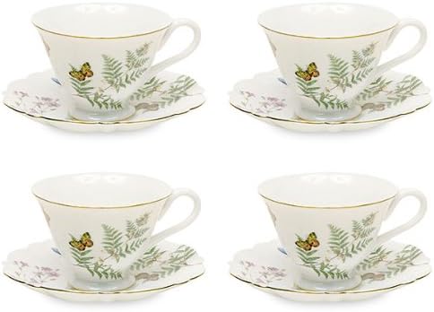 Gracie China Butterfly Porcelain 7-Ounce Tea Cup and Saucer Set of 4