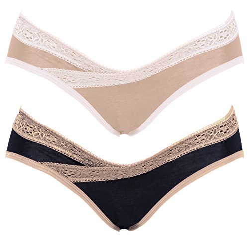 Intimate Portal Women's Under the Bump Maternity Knickers Lace Black Beige Large (2 Pack)