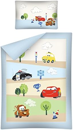 Parure de lit enfant Cars Bleu 100 x 135 cm + 40 x 60 cm 100% coton Parure de lit Baby Parure de lit 2 pièces Parure de lit