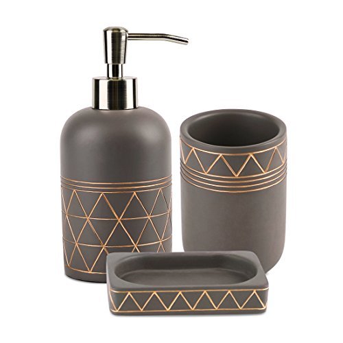 Satu Brown 3-teilig Deluxe Badezimmer Zubehör Set - Beinhaltet: Seifenspender / Lotionspender, Seifenschale, Zahnputzbecher, Erstklassige Zement Badezimmer Zubehör-Set (Braun & Golden)