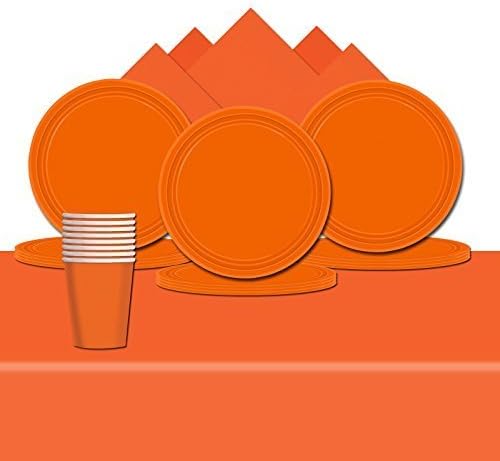 Tableware Complete Party Supplies Pack For 8 - Cups, Napkins, Plates And Rectangular Table Cover (Orange)