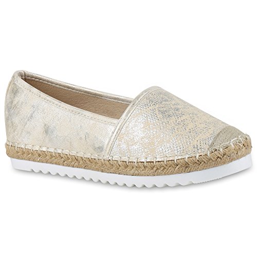 Stiefelparadies Mujer mocasín Alpargata Metálico Suela Dentada 131118 Oro 38 Flandell