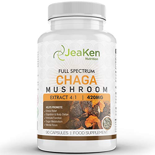 ESPECTRO COMPLETO CHAGA Seta Por JeaKen - Espectro Completo 90 x 420 mg Cápsulas de extracto de seta Chaga 4: 1 - Sin gluten - Libre de alérgenos - Hecho en el Reino Unido al código GMP