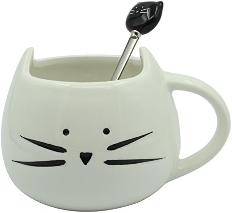 MOONPOP 300ml Cat Coffee Cup Spoon Set Cute Animal Ceramic Mug Tea Milk Water Cup White Cup+Black Spoon