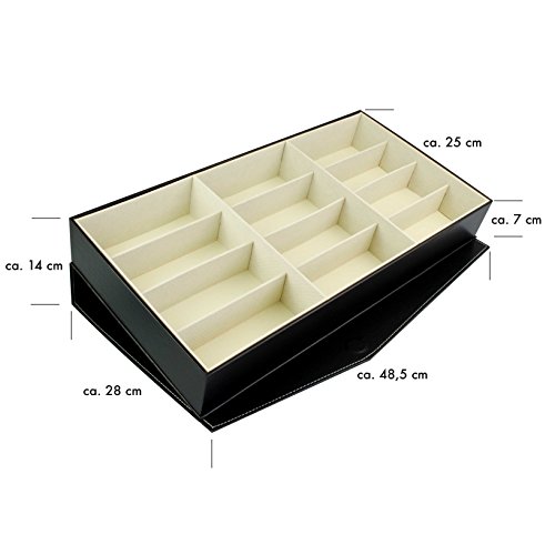 VENKON – Brillenbox für Aufbewahrung & Präsentation von 12 Brillen Organizer – Kunstleder Schwarz – 48 x 25 x 7 cm - 4
