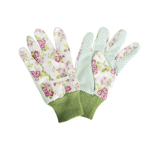 Esschert Design Gartenhandschuhe, Arbeitshandschuhe mit Rosendruck und Gummierung in der Innenfläche, ca. 13 cm x 1 cm x 23 cm