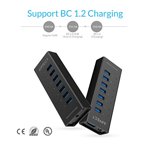 AIFFECT 7 Port USB 3.0 Super-Speed Lade Hub mit Netzteil, BC 1.2 Aufladung- Schwarz - 4