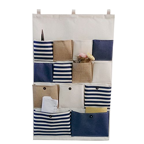 aihome New Style Baumwolle Stoff größere 13 Taschen Wand Tür zum Aufhängen von Kleidung Aufbewahrungstasche Organizer Retro Navy stripe-blue