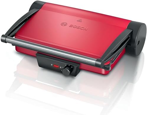 Bosch Bistecchiera TCG4104, 3 Posizioni di Cottura, 5 Livelli di temperatura, 2000W, Piastre Grill in Alluminio Rimovibili e Lavabili in Lavastoviglie, Rivestimento Ceramico Antiaderente, Rosso