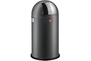 Wesco Pushboy Mülleimer in der Farbe graphit matt, pulverbeschichtetes Stahlblech, 50 Liter Volumen, große Edelstahlklappe, herausnehmbarer Innenbehälter