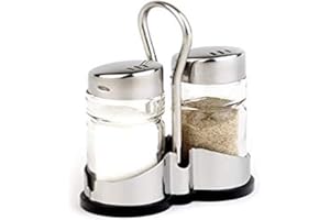 APS "Economic" burette à poivre et sel, 2 pièces avec récipient en acier inoxydable Burette à poivre et sel, récipient en verre transparent avec couvercle en acier inoxydable et bouchon à vis, 8 x 4 cm, 13 cm de hauteur