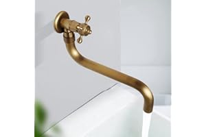 NIUKOMY Grifo Jardin Pared Latón Antiguo, Grifos de Agua Fría Exterior Rotación de 360° Largo, Vintage Grifería Monomando Mural para Baño Lavabo, Retro Grifo de Agua Cilíndrico