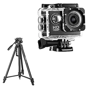 Mototive Combo Pack of 2 Items - 1080p Sports Waterproof Action Camera, 3366 Tripod Mobile & Camera Stand (3 Year Warranty)